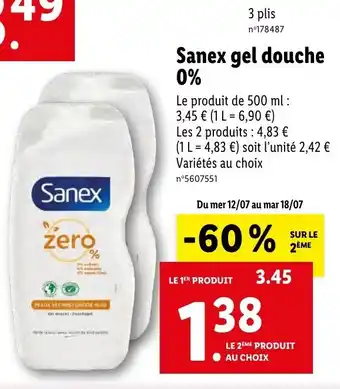 Lidl Sanex gel douche 0% offre