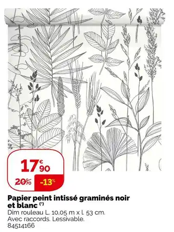 Weldom Papier peint intissé graminés noir et blanc offre