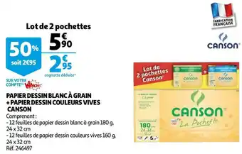 Auchan PAPIER DESSIN BLANC À GRAIN + PAPIER DESSIN COULEURS VIVES offre