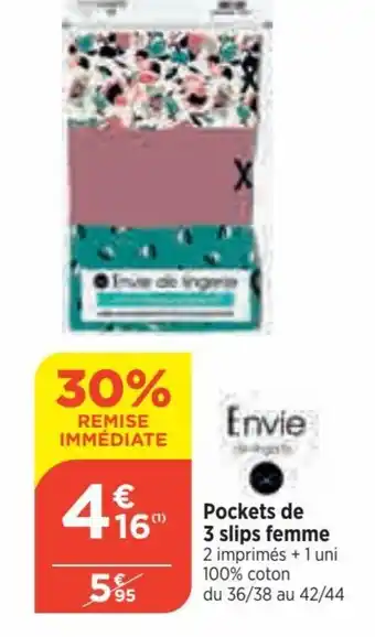 Bi1 Pockets de 3 slips femme 2 imprimés + 1 uni 100% coton offre