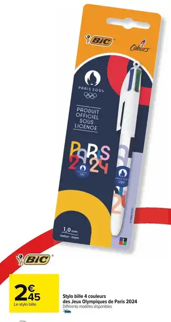 Carrefour Stylo bille 4 couleurs des Jeux Olympiques de Paris 2024 Différents modèles disponibles offre