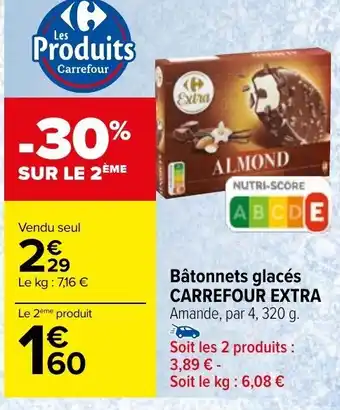 Carrefour Bâtonnets glacés CARREFOUR EXTRA Amande, par 4, 320 g. offre
