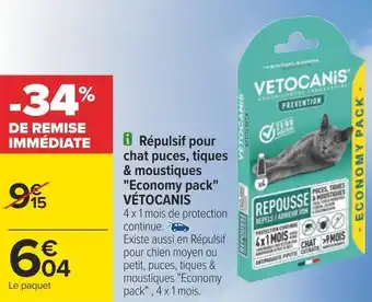 Carrefour Vétocanis répulsif pour chat puces, tiques & moustiques economy pack offre