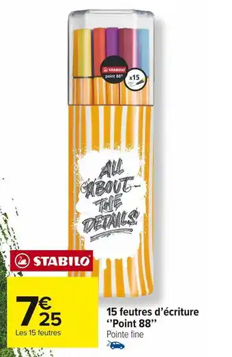 Carrefour Market Stabilo 15 feutres d’écriture ‘’point 88’’ offre