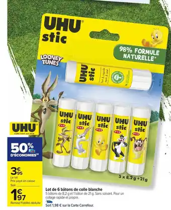 Carrefour Market Uhu lot de 6 bâtons de colle blanche offre