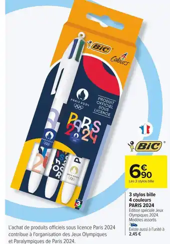 Carrefour Market Bic 3 stylos bille 4 couleurs paris 2024 offre