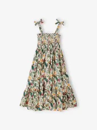 Robe longue a smocks fille - beige imprime