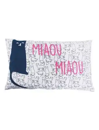 Future home - coussin coton blanc et bleu avec chat 30x50cm