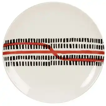 Assiette plate en porcelaine blanche motifs graphiques noirs et rouges