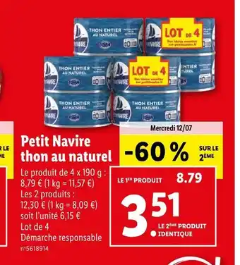 Lidl Petit navire thon au naturel offre