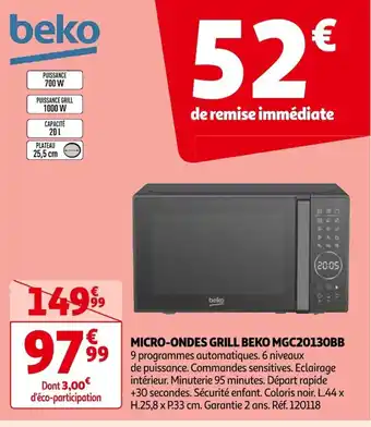 Auchan MICRO-ONDES GRILL BEKO MGC20130BB offre