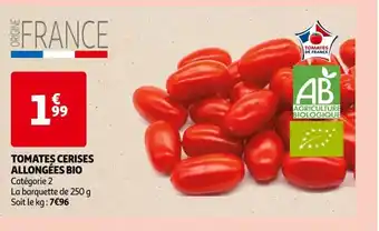 Auchan TOMATES CERISES ALLONGÉES BIO Catégorie 2 offre