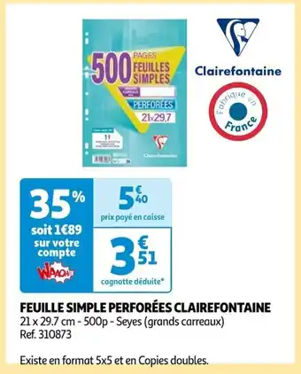 Auchan FEUILLES SIMPLES PERFOREES 21x29,7 offre