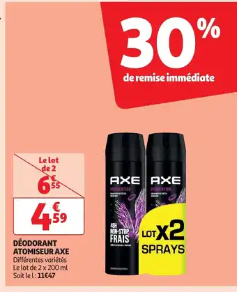 Auchan DÉODORANT ATOMISEUR AXE Différentes variétés Le lot de 2 x 200 ml Soit le l: 11€47 offre