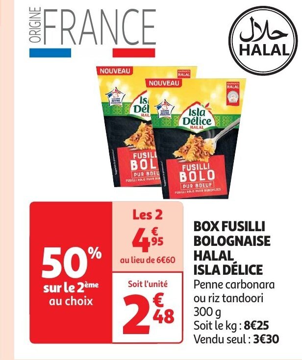 Promo BOX FUSILLI BOLOGNAISE HALAL ISLA DÉLICE Penne carbonara ou riz