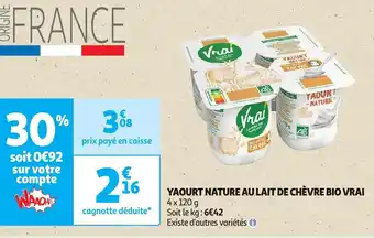 Auchan YAOURT NATURE AU LAIT DE CHÈVRE BIO VRAI offre