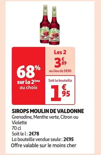 Auchan SIROPS MOULIN DE VALDONNE Grenadine, Menthe verte, Citron ou Violette offre