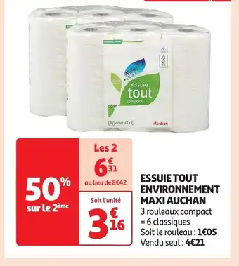 Auchan ESSUIE TOUT ENVIRONNEMENT MAXI AUCHAN 3 rouleaux compact = 6 classiques offre