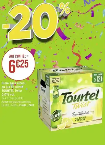 Géant Casino Bière sans alcool au jus de citron TOURTEL Twist 0,0% vol. offre