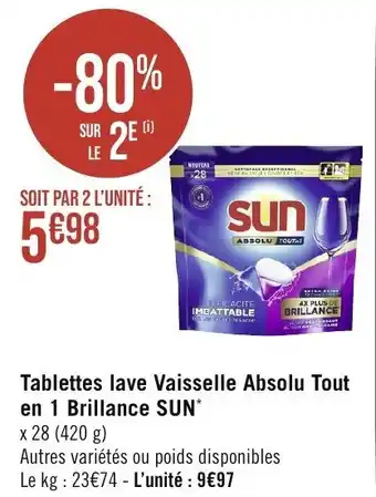 Géant Casino Tablettes lave Vaisselle Absolu Tout en 1 Brillance SUN* offre