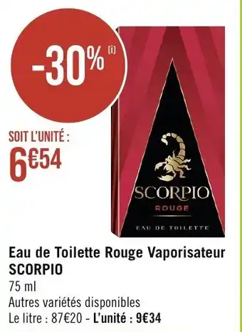 Géant Casino Eau de Toilette Rouge Vaporisateur SCORPIO offre