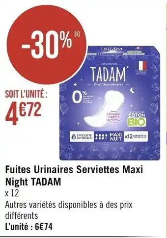 Géant Casino Fuites Urinaires Serviettes Maxi Night TADAM offre