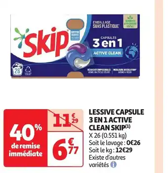 Auchan Lessive capsule 3en1 active clean skip offre