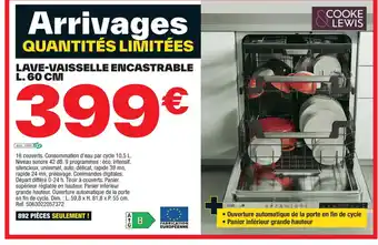 Brico Dépôt LAVE-VAISSELLE ENCASTRABLE L. 60 CM offre