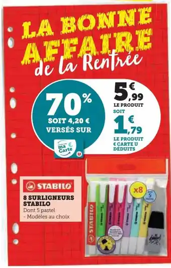 Hyper U 8 SURLIGNEURS STABILO offre