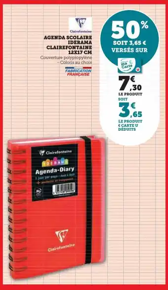 Hyper U AGENDA SCOLAIRE IDERAMA CLAIREFONTAINE 12X17 CM offre
