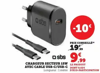 Hyper U CHARGEUR SECTEUR 15W LE PRODUIT AVEC CABLE USB-C/USB-C DONT 0,02€ Longueur : 1 mètre D'ÉCO-PARTICIPATION offre