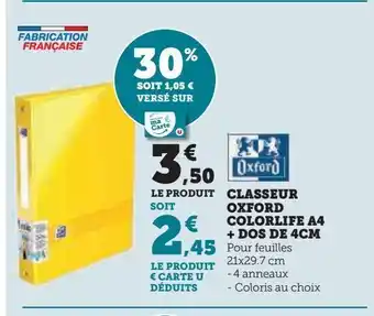 Super U Classeur oxford colorlife a4 + dos de 4cm offre