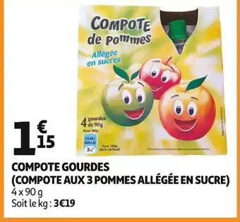 Auchan COMPOTE GOURDES (COMPOTE AUX 3 POMMES ALLÉGÉE EN SUCRE) 4x90 g Soit le kg: 3€19 offre