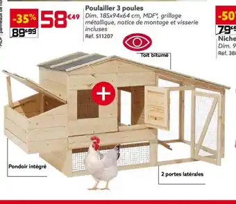 Gifi Poulailler 3 poules €49 Dim. 185x94x64 cm, MDF, grillage métallique, notice de montage et visserie incluses offre