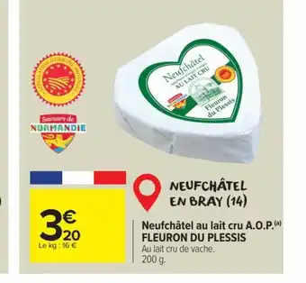 Carrefour Market NEUFCHÂTEL EN BRAY (14) Neufchâtel au lait cru A.O.P.(a) FLEURON DU PLESSIS Au lait cru de vache. 200 g. offre