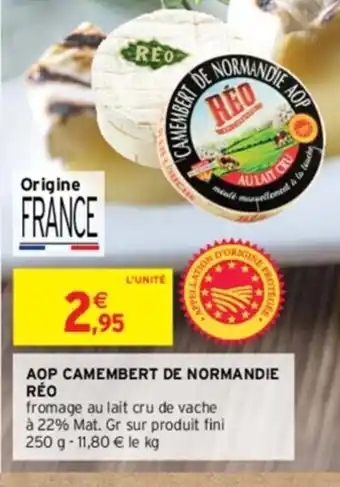 Intermarché AOP CAMEMBERT DE NORMANDIE RÉO fromage au lait cru de vache à 22% Mat. Gr sur produit fini 250 g- 11,80 € le kg offre