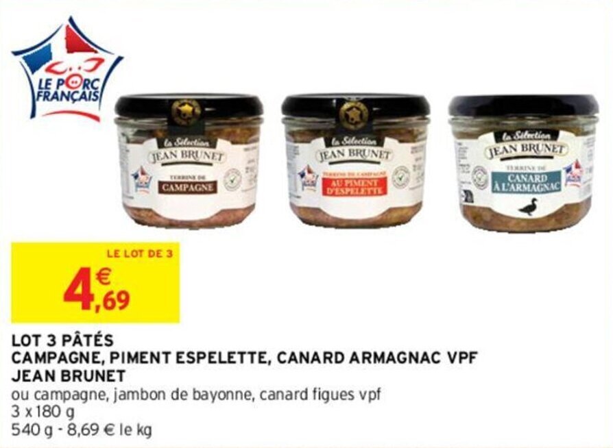 Promo LOT 3 PÂTÉS CAMPAGNE, PIMENT ESPELETTE, CANARD ARMAGNAC VPF JEAN