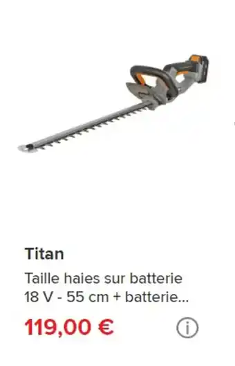 Brico Dépôt Titan Taille haies sur batterie 18 V - 55 cm + batterie... offre