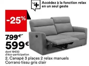 BUT CANAPE 3 PLACES 2 RELAX MANUELS CORRANO TISSU GRIS CLAIR. offre