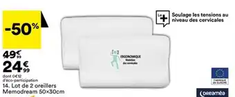 BUT Lot de 2 oreillers Memodream 50x30cm offre