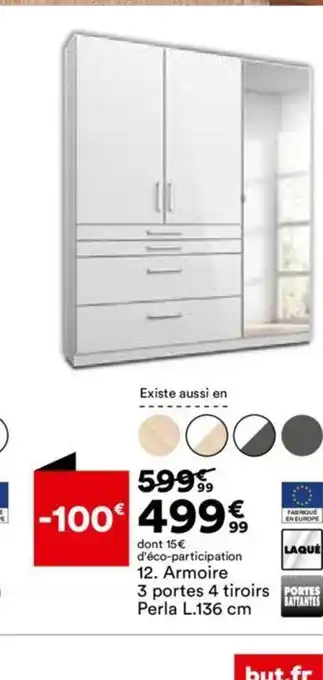 BUT 12. Armoire 3 portes 4 tiroirs PORTES Perla L.136 cm offre