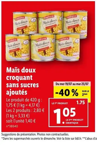 Lidl Maïs doux croquant sans sucres offre