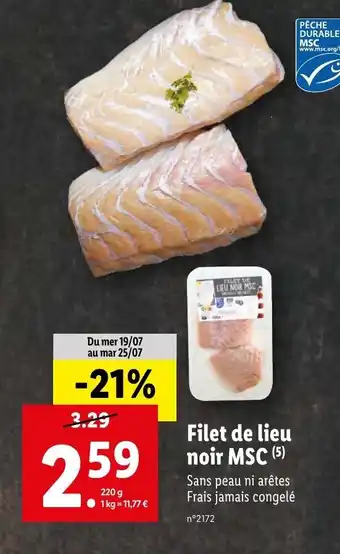 Lidl Filet de lieu noir MSC (5) Sans peau ni arêtes Frais jamais congelé offre