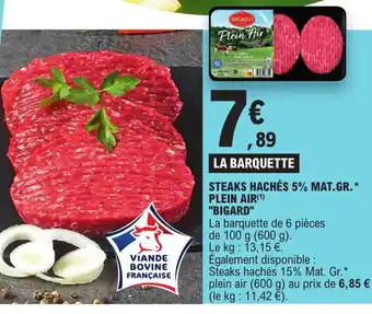 E.Leclerc STEAKS HACHÉS 5% MAT.GR.* PLEIN AIR(¹) "BIGARD" offre