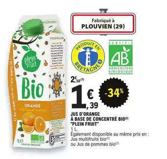 E.Leclerc JUS D'ORANGE A BASE DE CONCENTRE BIO "PLEIN FRUIT" offre