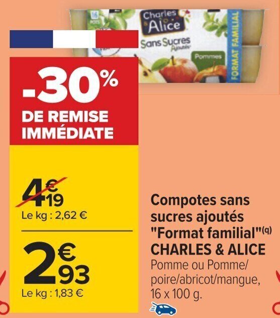 Promo Compotes sans sucres ajoutés "Format familial"(9) CHARLES & ALICE