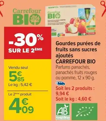 Carrefour Gourdes purées de fruits sans sucres ajoutés CARREFOUR BIO Parfums panachés, panachés fruits rouges ou pomme, 12 x 90 g. offre