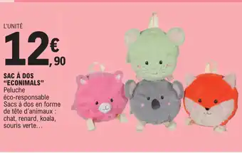 E.Leclerc SAC À DOS "ECONIMALS" Peluche éco-responsable Sacs à dos en forme de tête d'animaux : chat, renard, koala, souris verte... offre