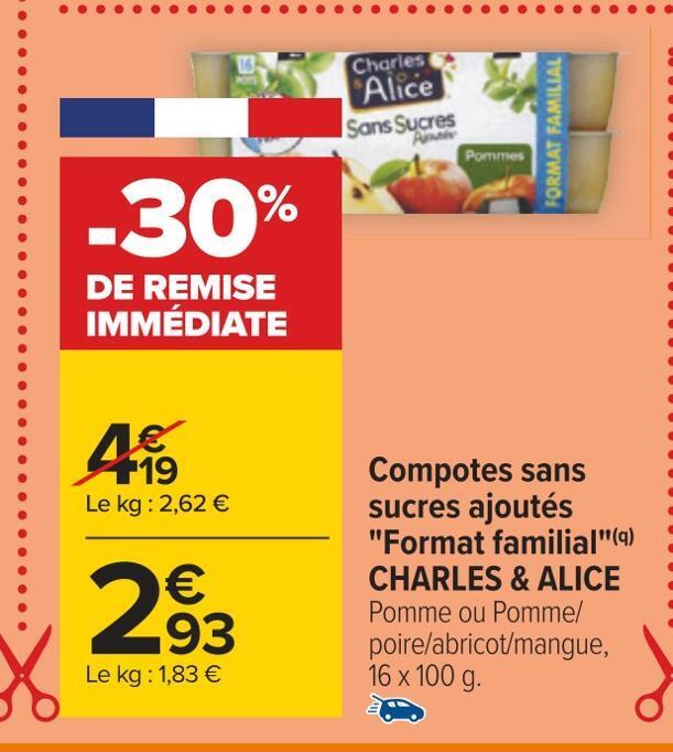 Promo Charles & alice compotes sans sucres ajoutés format familial chez