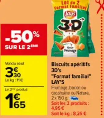 Carrefour Biscuits apéritifs 3D's "Format familial" LAY'S Fromage, bacon ou cacahuète ou Nature, 2x 150 g offre